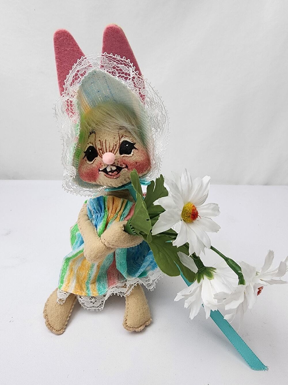 Annalee 7" Bunny Rabbit Girl Easter Striped Bonnet & Dress White Flowers 1993